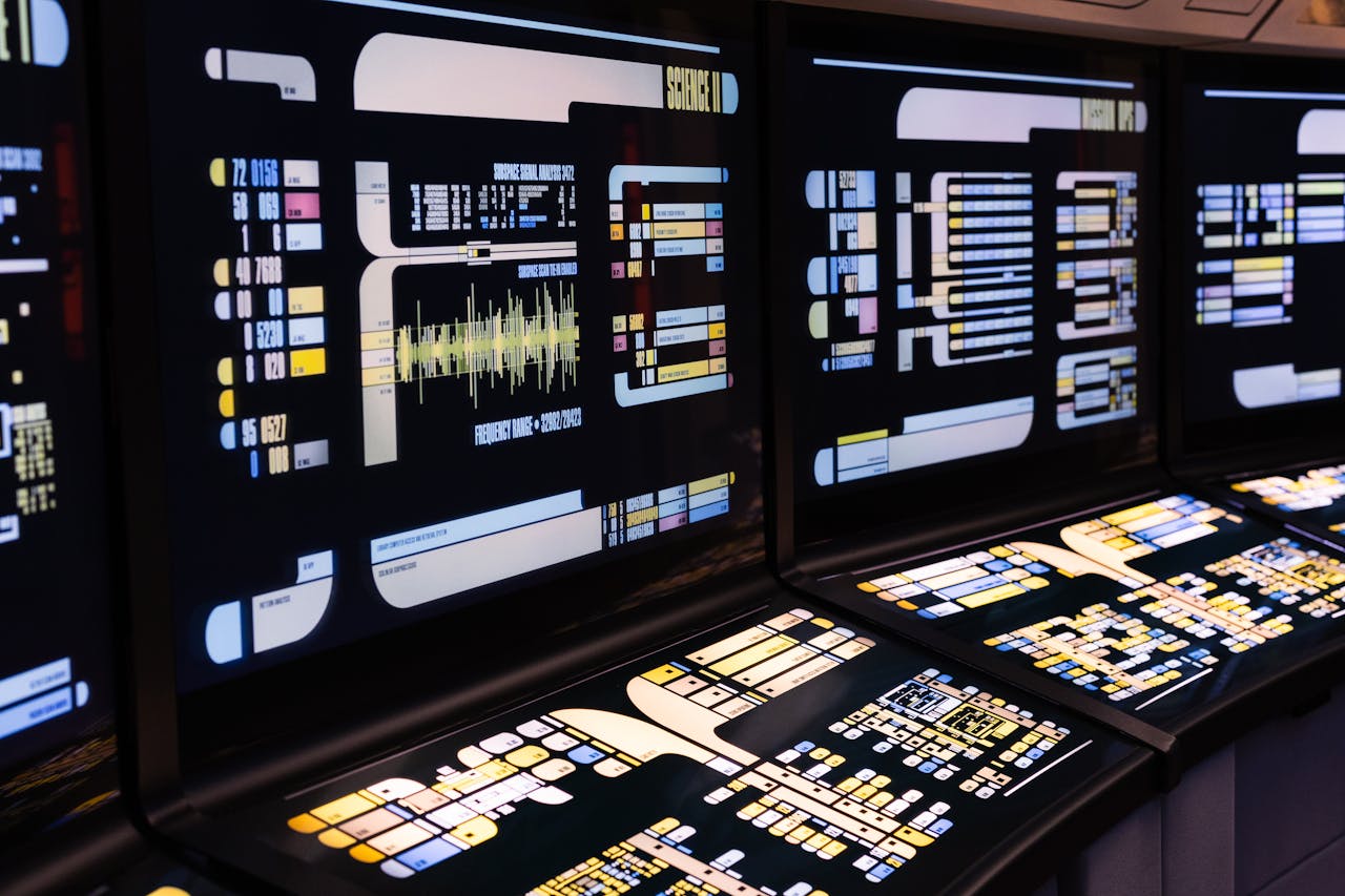 High-tech command center with advanced digital displays and control panels